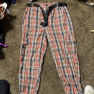 New Look Men's Black and Red Plaid Cargo Pants